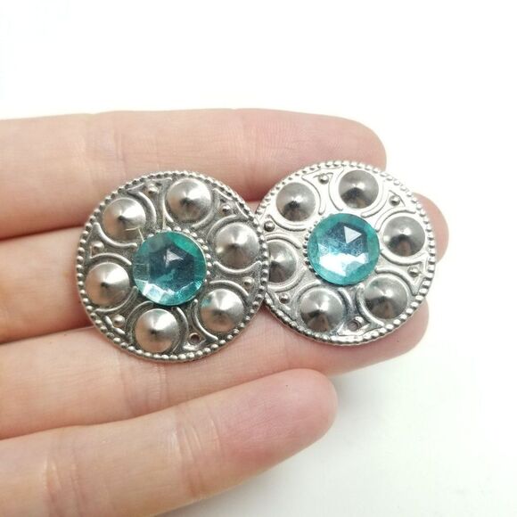 Vintage Retro Blue Cabochon and Silver Tone Clip On Earrings, 80s Style - Picture 2 of 5